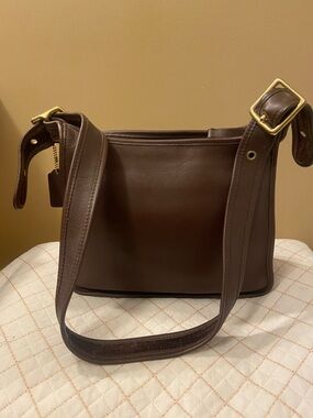 Vintage Coach Brown Genuine Leather Shoulder Bag with Brass Buckles